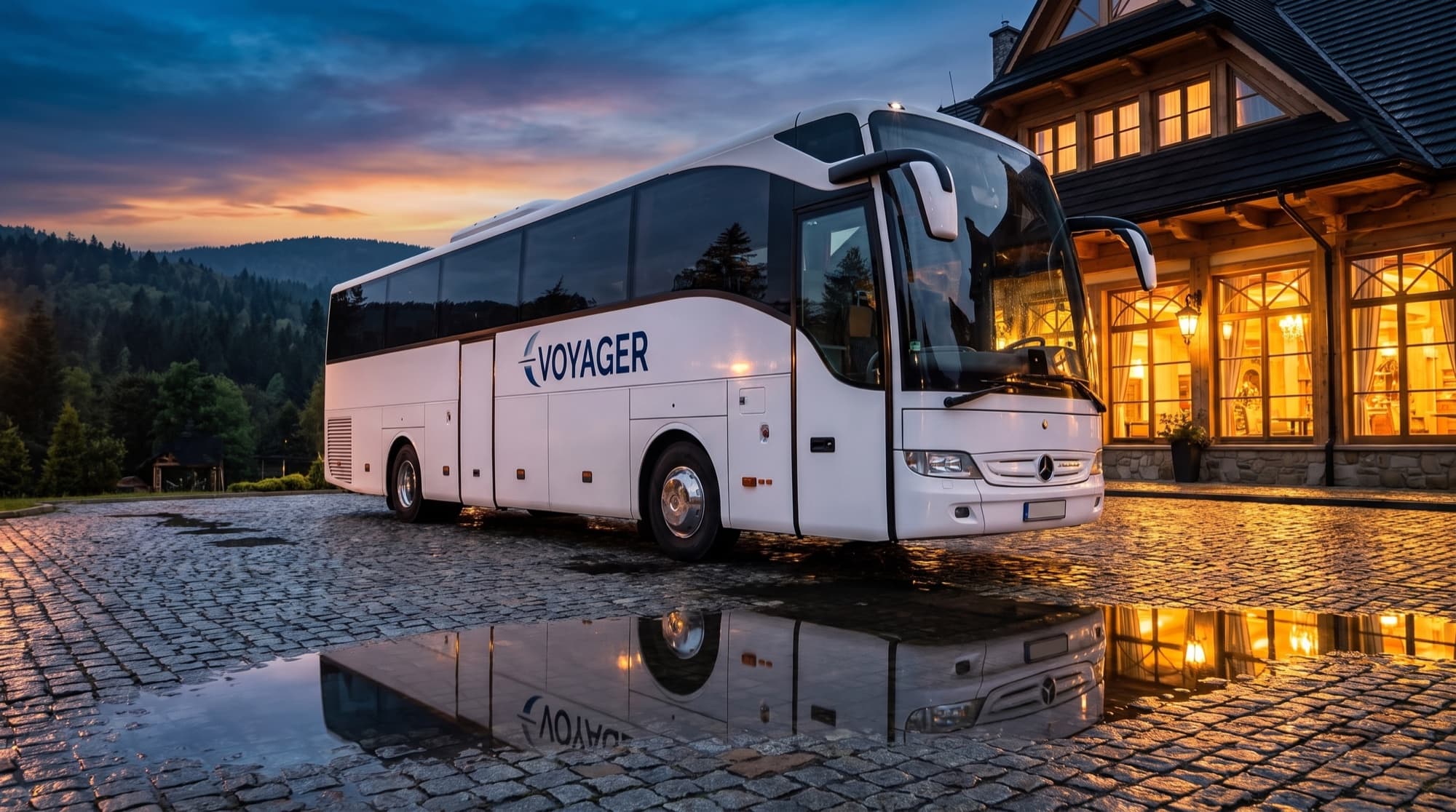 Autokar Voyagera przed górskim hotelem o zmierzchu